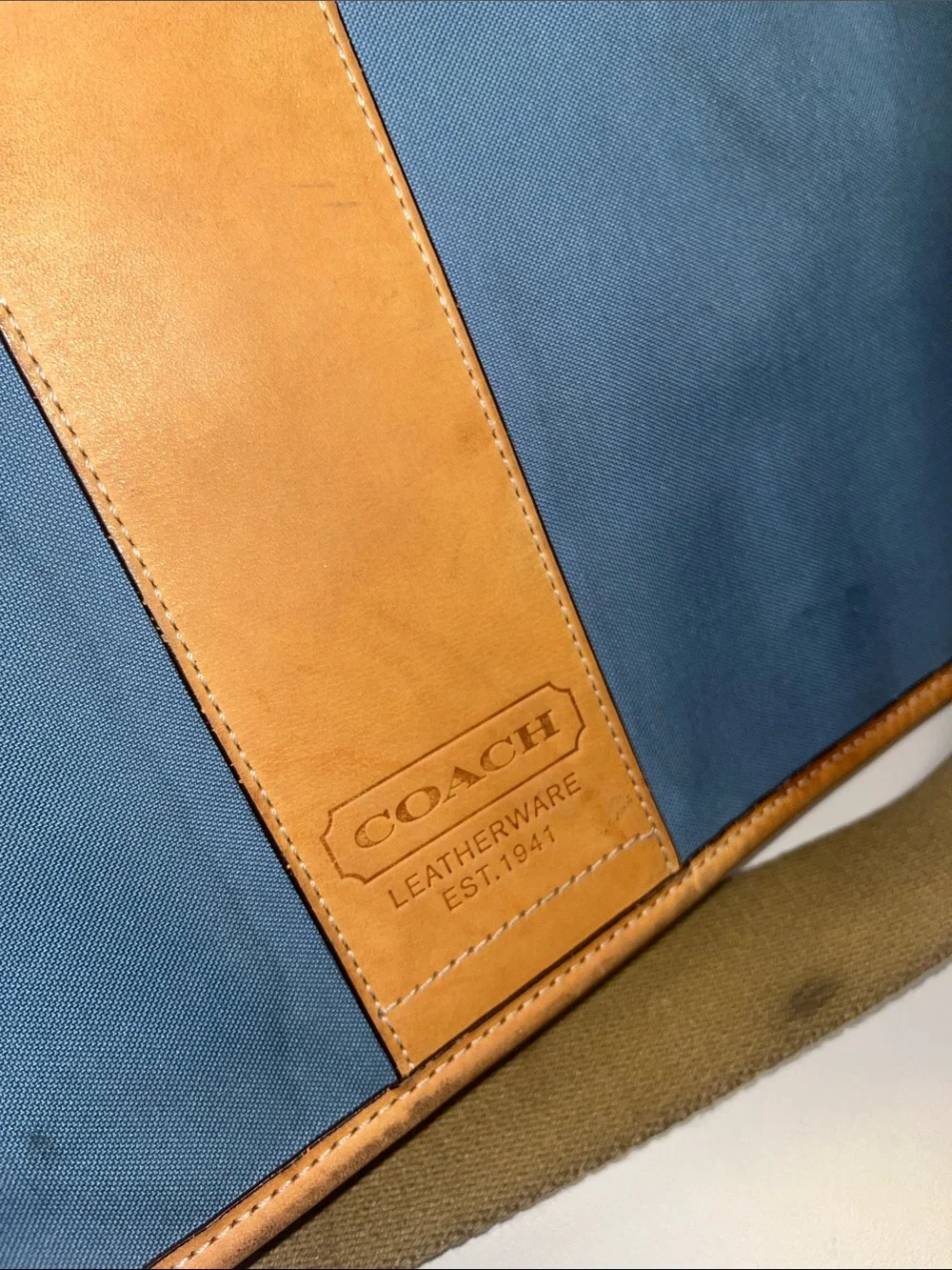 Coach Blue Canvas Messenger / Travel /Laptop with Tan Leather Trim